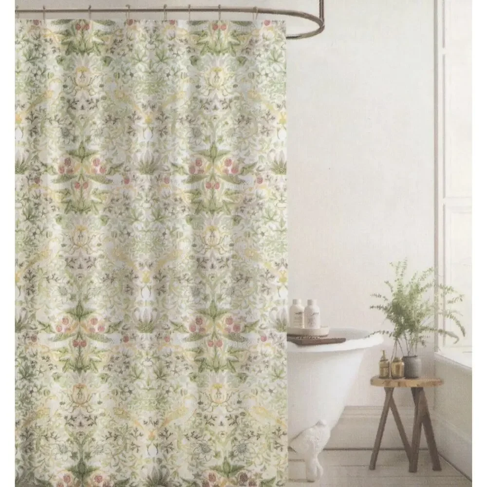 William Morris & Co Bird Strawberry Thief Shower Curtain Green Golden Yellow